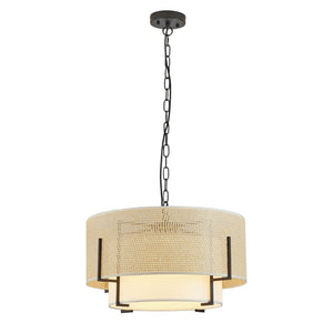 A modern drum pendant light with a textured beige woven shade, a warm white inner diffuser, and a dark metal chain and canopy, shown against a plain white background.