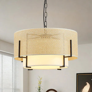 Ceiling light fixture with woven design in a room setting