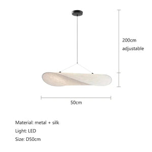 White pendant light with dimensions and material details on a white background