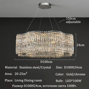 Crystal chandelier with dimensions and specifications on a dark background