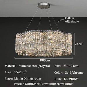 A rectangular crystal chandelier with hanging clear crystal prisms and a gold-toned metal frame, shown suspended from a ceiling with overlaid dimension labels and product specs in Russian.