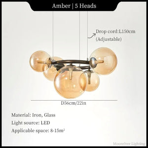 Chandelier with five amber glass bulbs on a light gray background, featuring text details about dimensions, material, and specifications.