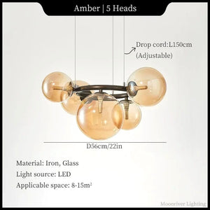 Chandelier with five amber glass bulbs on a light gray background, featuring text details about dimensions, material, and specifications.