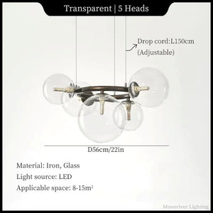 A 5-head transparent glass chandelier with an iron frame and brass-toned hardware, shown on a white background with text labels for dimensions, cord length, material, and LED light source. Brand text 'Moonriver Lighting' appears in the bottom right corner.
