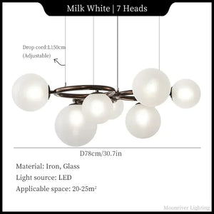 Chandelier with white spherical lights and technical specifications on a black background