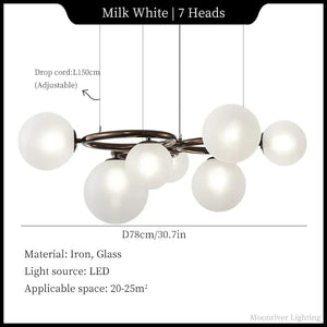 Chandelier with white spherical lights and technical specifications on a black background