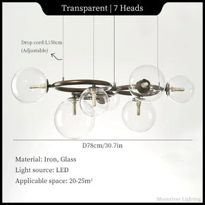 A 7-head transparent glass globe chandelier with an industrial iron frame, shown with dimension lines and text detailing its drop cord length, overall width, material, and LED light source against a white background.