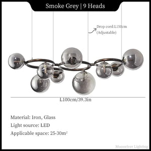 Chandelier with 9 heads in smoke grey color, featuring dimensions and material details.