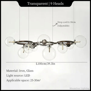 A 9-head transparent glass globe chandelier with an iron frame, shown with dimension labels, cord length, material info, and space requirements on a white background.