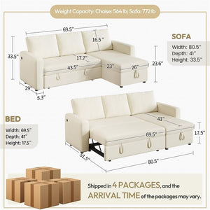 Sectional Sofa L-Shaped Sofa Couch Bed w/Chaise & USB, Reversible Couch Sleeper w/Pull Out Bed & Storage Space Living Room Black | bright&plus.