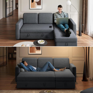 Sectional Sofa L-Shaped Sofa Couch Bed w/Chaise & USB, Reversible Couch Sleeper w/Pull Out Bed & Storage Space Living Room Black | bright&plus.