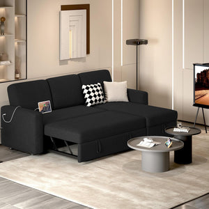 Sectional Sofa L-Shaped Sofa Couch Bed w/Chaise & USB, Reversible Couch Sleeper w/Pull Out Bed & Storage Space Living Room Black | bright&plus.