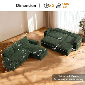 L-Shaped Sleeper Sofa with Pull-Out Bed – 82" Sectional, 5-Position Reclining Backrest, 400L Storage Chaise & Cup Holders