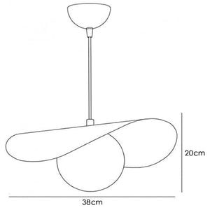 Black and white line drawing of a modern pendant light fixture with dimension labels showing 38cm width, 20cm height, and a 30cm drop, on a white background.