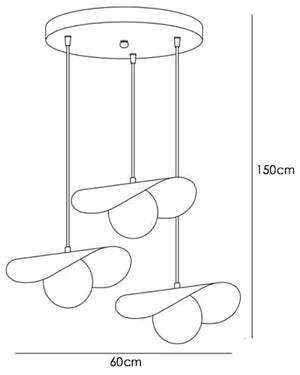 Black and white line drawing of a modern three-light wind chime pendant fixture, showing dimensions of 150cm height and 60cm width.