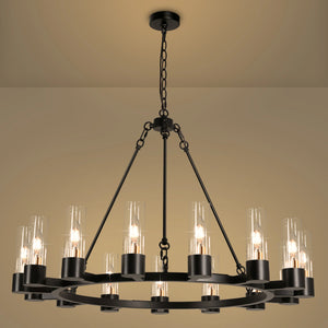 Raven - Black Wagon Wheel Chandelier with Glass Shades