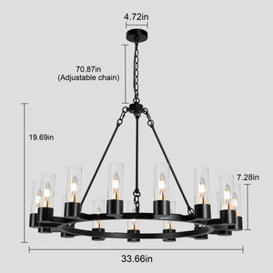 Raven - Black Wagon Wheel Chandelier with Glass Shades