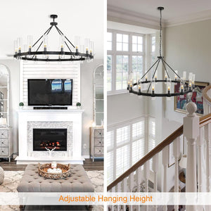 Raven - Black Wagon Wheel Chandelier with Glass Shades