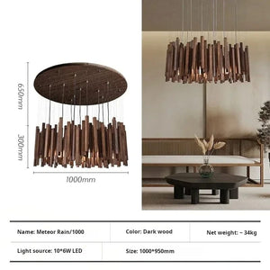 Dark wood pendant light with dimensions and product details on a white background