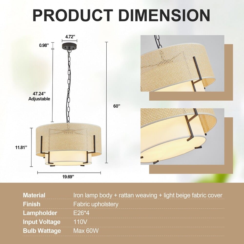 Chandelier with dimensions and product details on a white background