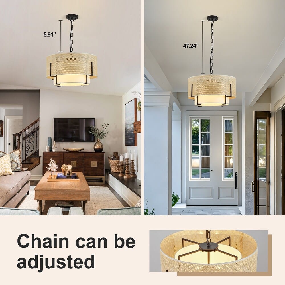 Light fixture with adjustable chain shown in a living room and hallway setting.