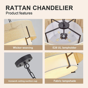 Rattan chandelier with product features highlighted on a beige background