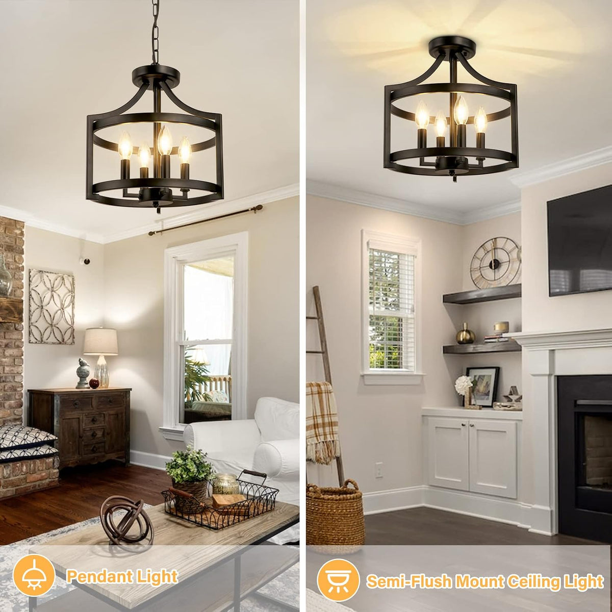 4-Light Farmhouse Chandelier, Modern Pendant Lighting, Rustic Vintage Semi-Flush Mount Convertible Ceiling Light in Black for Dining Room, Kitchen, Foyer, Entryway | bright&plus.