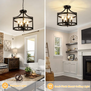 4-Light Farmhouse Chandelier, Modern Pendant Lighting, Rustic Vintage Semi-Flush Mount Convertible Ceiling Light in Black for Dining Room, Kitchen, Foyer, Entryway | bright&plus.