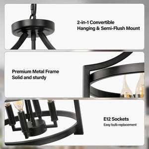 4-Light Farmhouse Chandelier, Modern Pendant Lighting, Rustic Vintage Semi-Flush Mount Convertible Ceiling Light in Black for Dining Room, Kitchen, Foyer, Entryway | bright&plus.