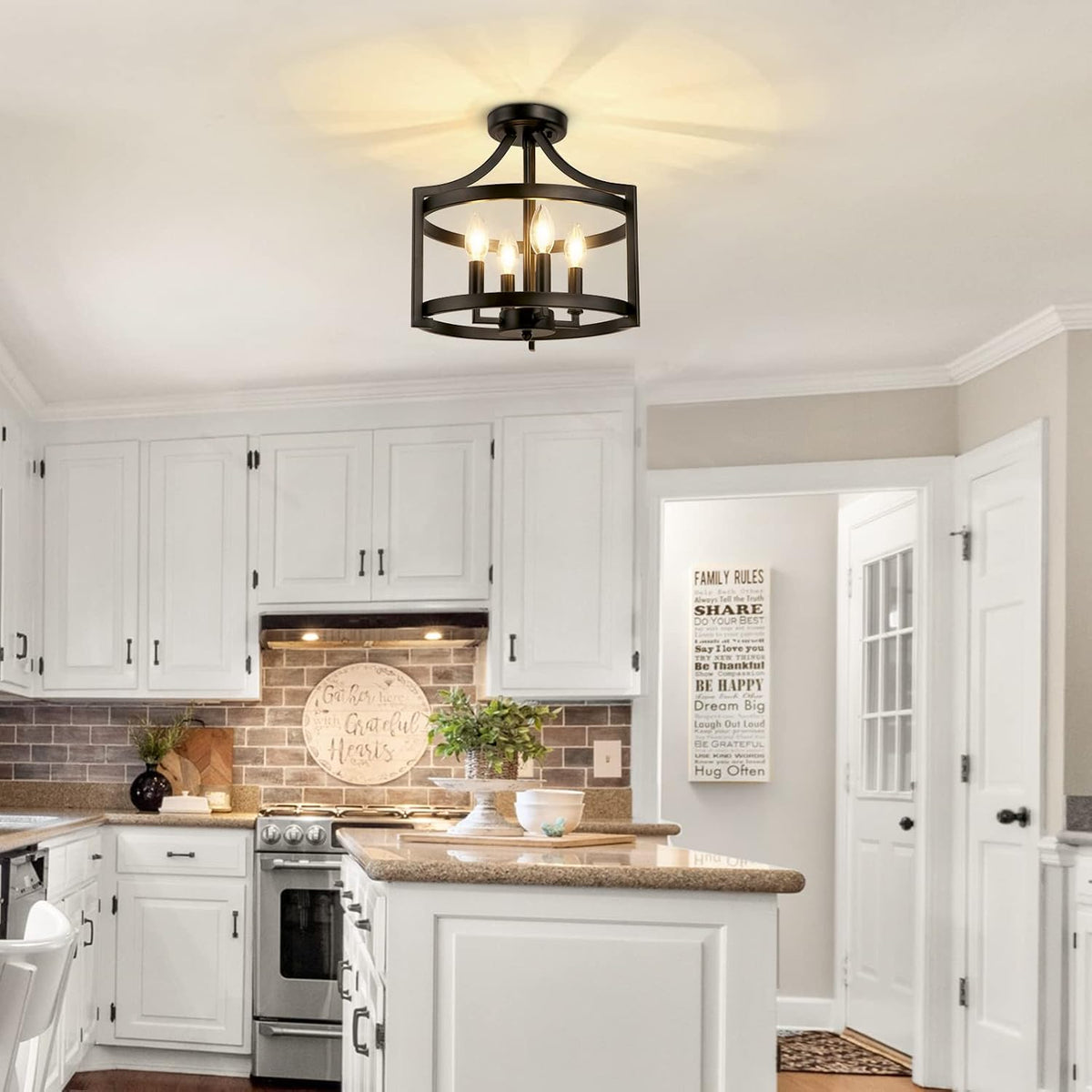 4-Light Farmhouse Chandelier, Modern Pendant Lighting, Rustic Vintage Semi-Flush Mount Convertible Ceiling Light in Black for Dining Room, Kitchen, Foyer, Entryway | bright&plus.