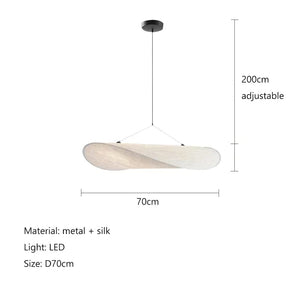 Pendant light with dimensions and material details on a white background