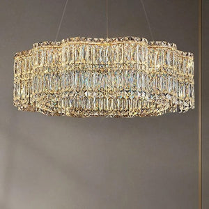 Decorative chandelier with crystal accents on a gray background