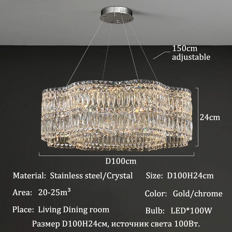 Crystal chandelier with dimensions and specifications on a dark background