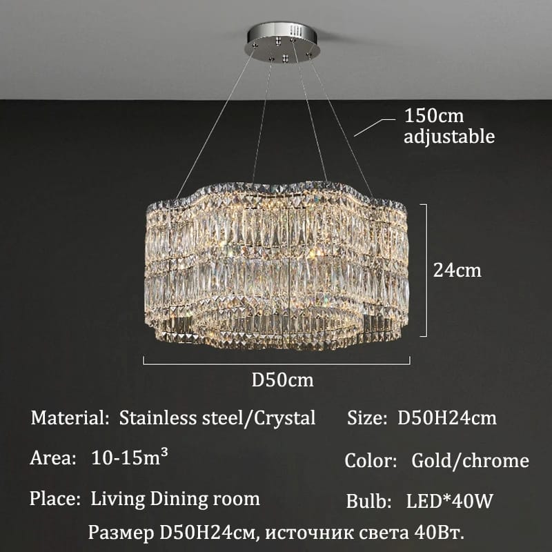 A hanging crystal chandelier with dimension callouts and product specs on a dark wall. The fixture has a round silver ceiling canopy, clear faceted crystal bands, and a gold-toned frame, with text noting 150cm adjustable height, 24cm width, and D50cm diameter.