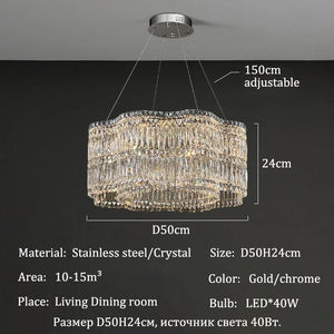 A hanging crystal chandelier with dimension callouts and product specs on a dark wall. The fixture has a round silver ceiling canopy, clear faceted crystal bands, and a gold-toned frame, with text noting 150cm adjustable height, 24cm width, and D50cm diameter.
