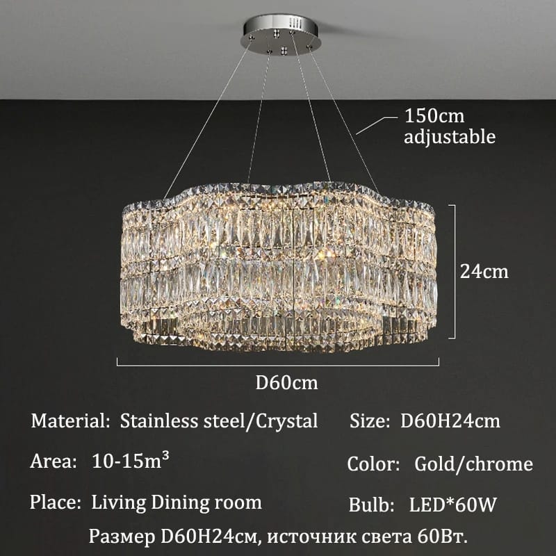Chandelier with dimensions and specifications on a black background