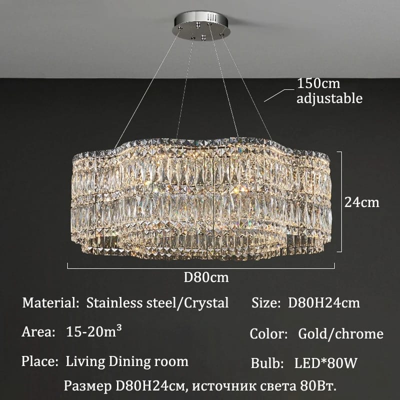 A rectangular crystal chandelier with hanging clear crystal prisms and a gold-toned metal frame, shown suspended from a ceiling with overlaid dimension labels and product specs in Russian.