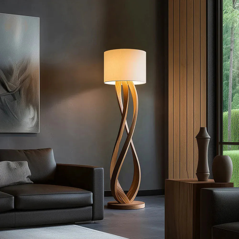 Creative Wooden Floor Lamp with Fabric Shade – Dimmable LED Standing Light