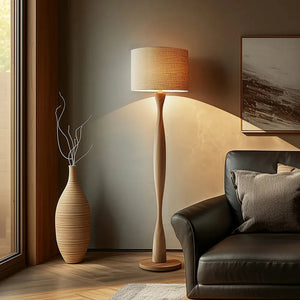 Creative Wooden Floor Lamp with Fabric Shade – Dimmable LED Standing Light