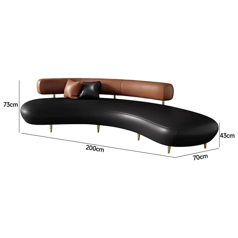 Modern black and brown curved sofa with dimensions on a white background