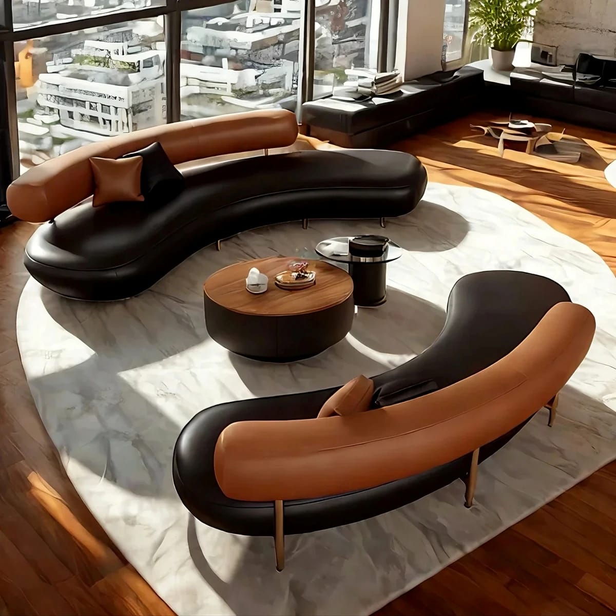 Modern living room with a black and brown curved sofa set.