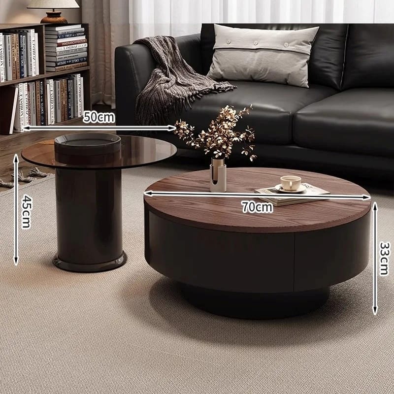 Modern round coffee table and matching cylindrical side table in a living room setting, with overlaid dimension labels showing 70cm width, 33cm height, 45cm side table height, and 50cm side table width.
