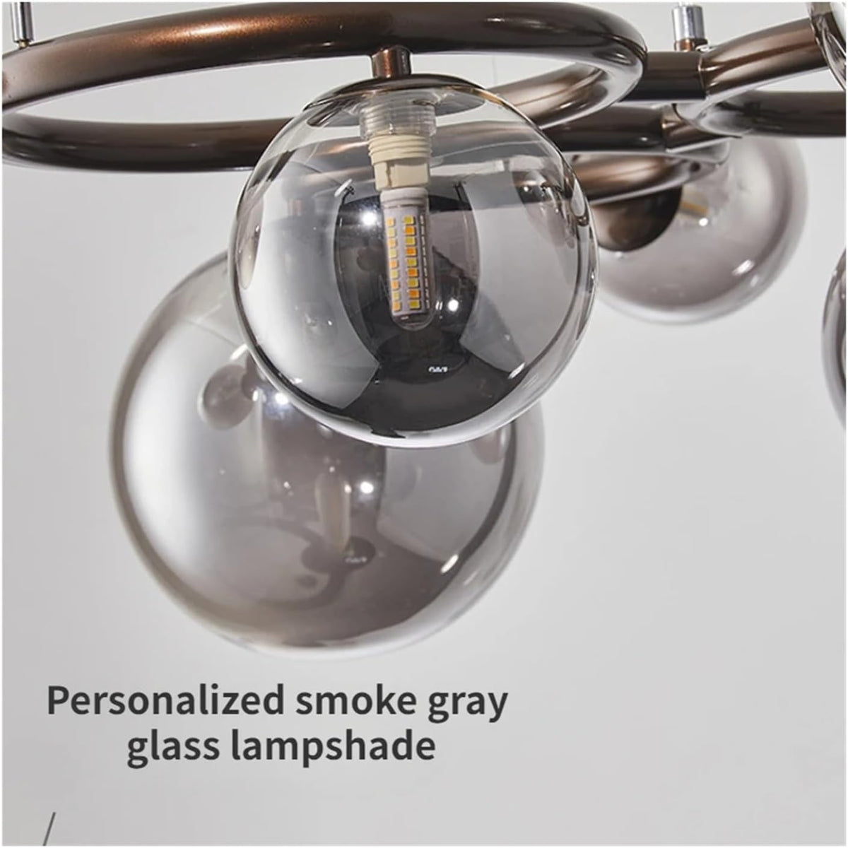 Ceiling light fixture with personalized smoke gray glass lampshade on a white background