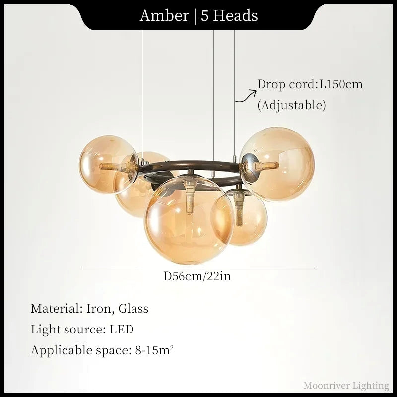 Chandelier with five amber glass bulbs on a light gray background, featuring text details about dimensions, material, and specifications.