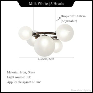 A 5-head modern pendant chandelier in milk white glass globes with a dark metal frame, shown on a white background with text indicating dimensions, material, and light source. The image includes a black header reading 'Milk White | 5 Heads' and a black border around the content.
