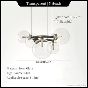 A 5-head transparent glass chandelier with an iron frame and brass-toned hardware, shown on a white background with text labels for dimensions, cord length, material, and LED light source. Brand text 'Moonriver Lighting' appears in the bottom right corner.