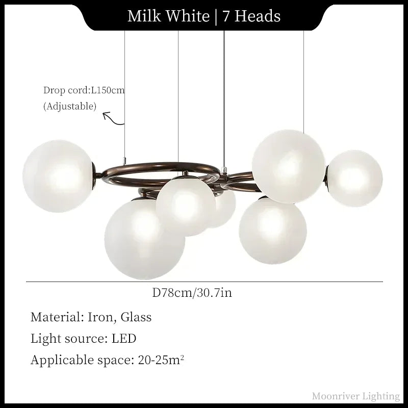 Chandelier with white spherical lights and technical specifications on a black background