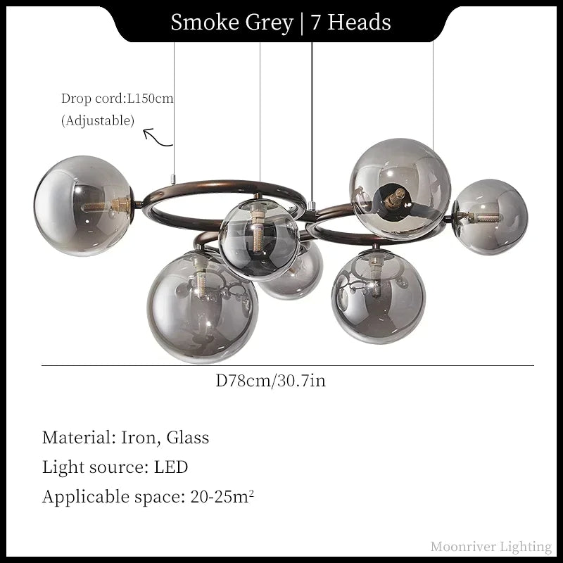 Smoke grey chandelier with 7 heads, iron and glass materials, LED light source, dimensions, and applicable space.