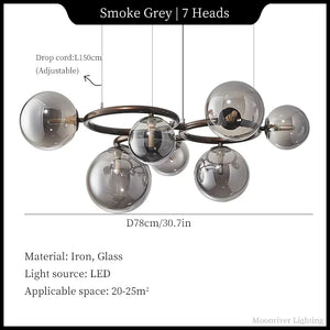 Smoke grey chandelier with 7 heads, iron and glass materials, LED light source, dimensions, and applicable space.