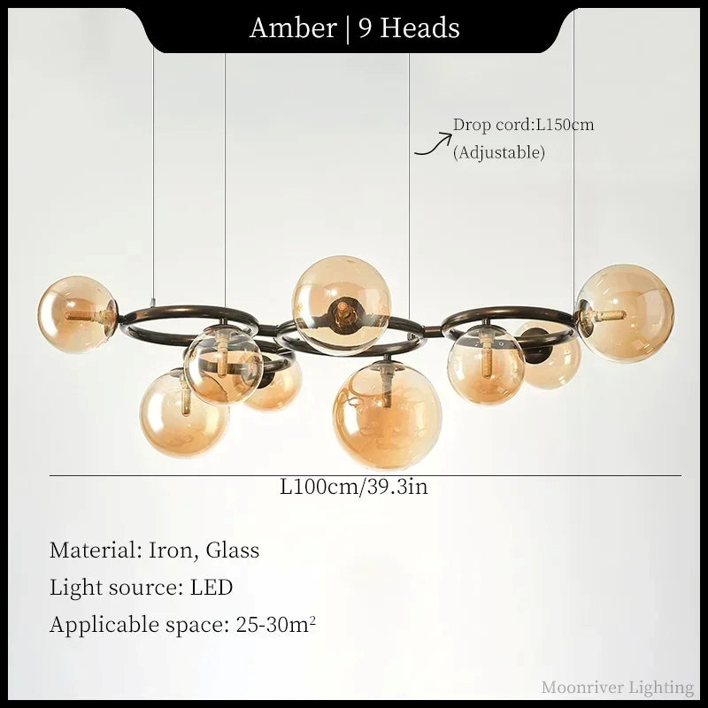 Chandelier with 9 amber bulbs on a white background, featuring text about dimensions, material, light source, and applicable space.